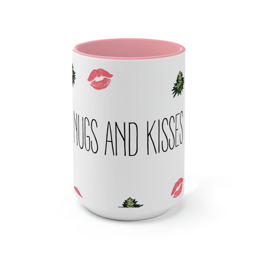 a white Nugs and Kisses Coffee Mug with pink rim and words on it.