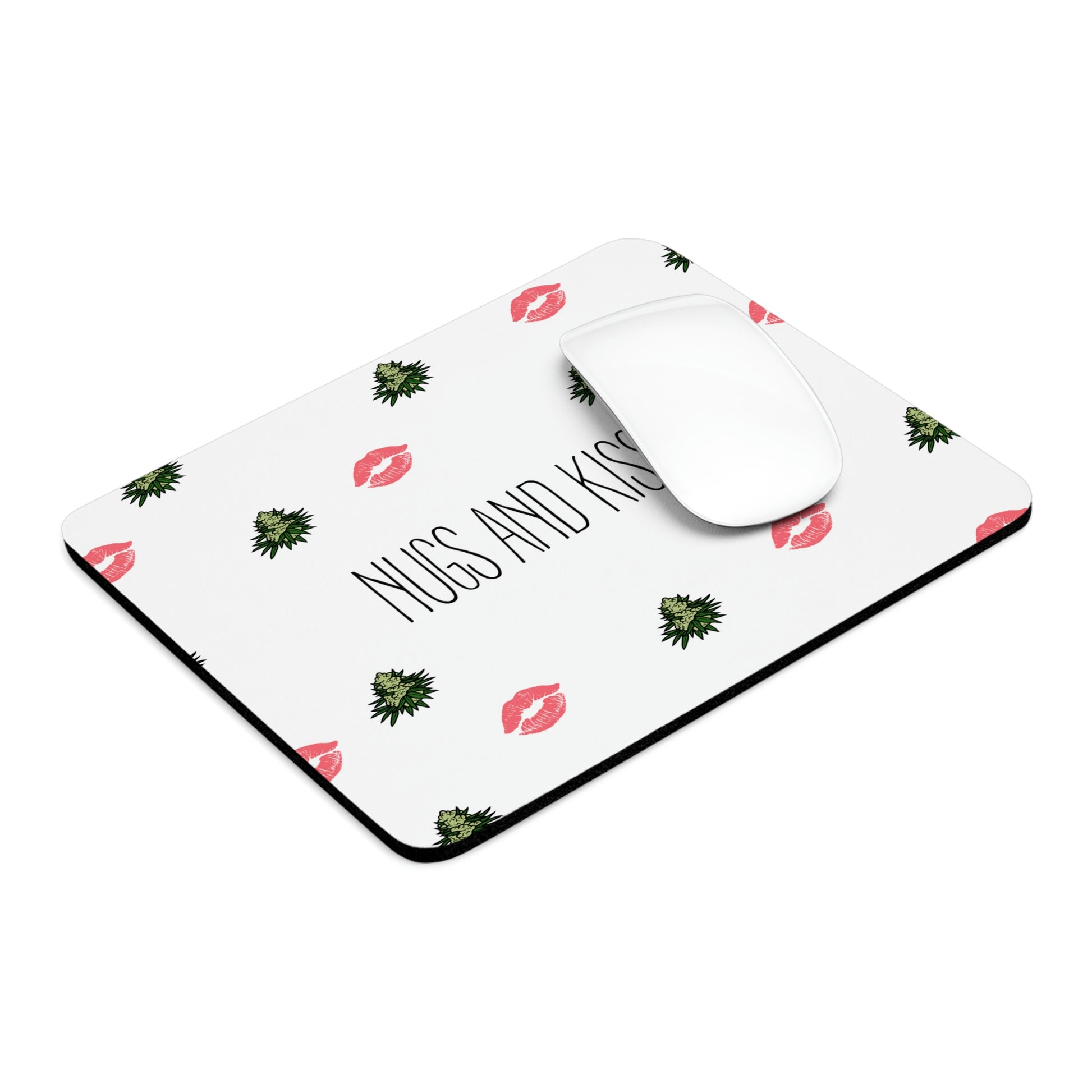 The Nugs and Kisses Cannabis Mouse Pad being shown at a spectacular angle for display with a matching white wireless mouse. 