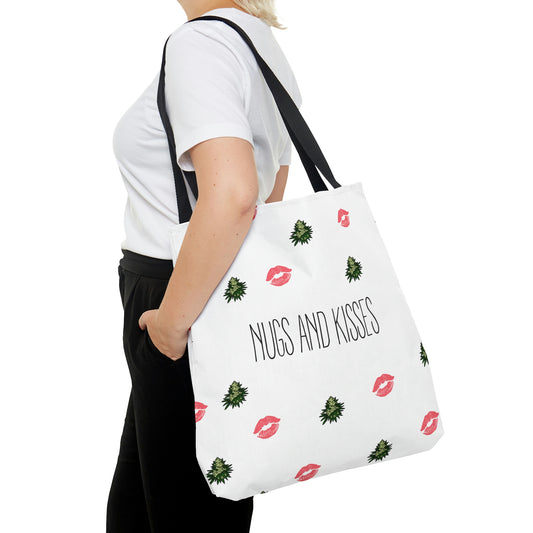 A woman in black jeans has her hand in her pocket while she is walking with the Nugs and Kisses Weed Tote Bag