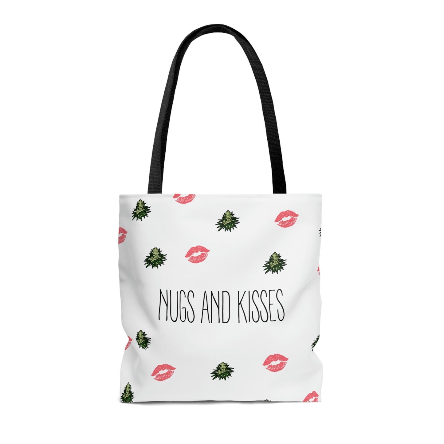 A white with black hand straps Nugs and Kisses Weed Tote Bag