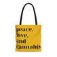 A captivating still image representing the Peace, Love and Cannabis Yellow Tote Bag 