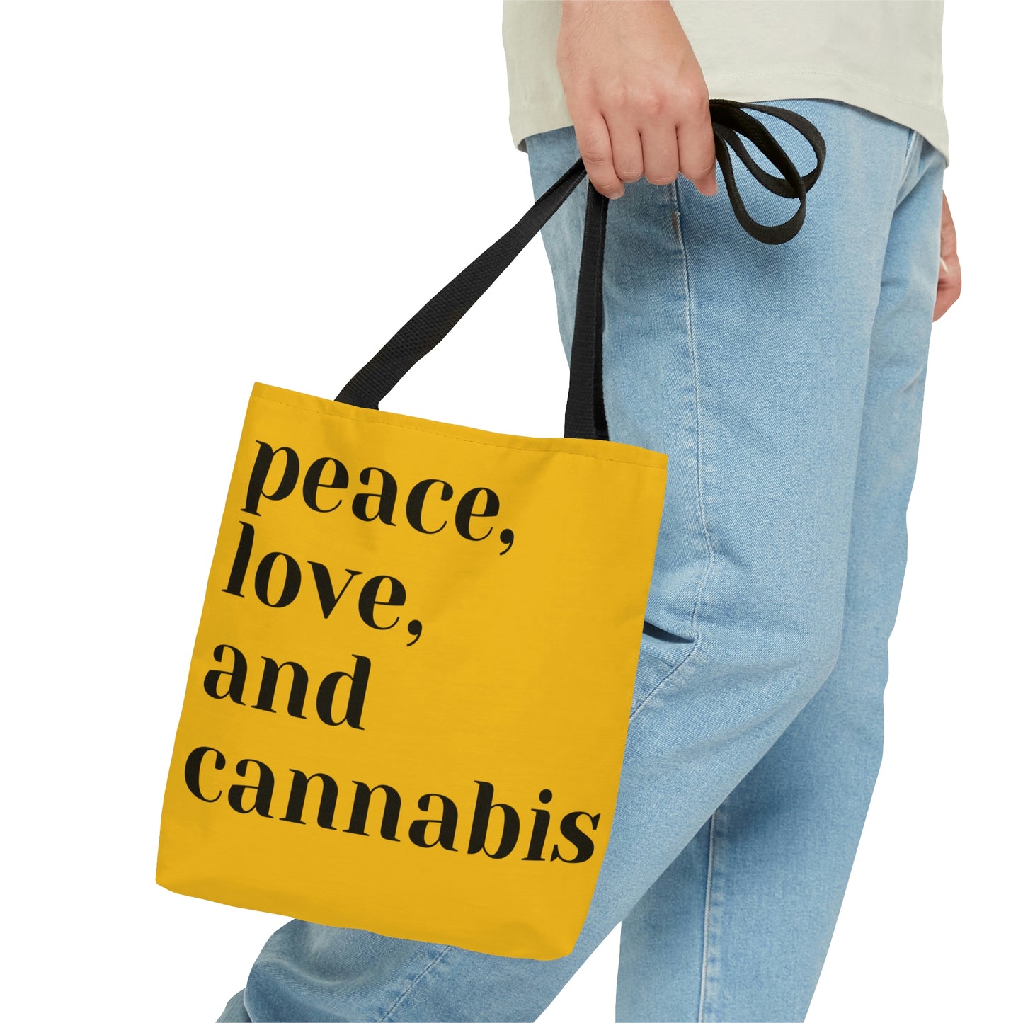 A man is constantly walking forward while he is carrying the Peace, Love and Cannabis Yellow Tote Bag
