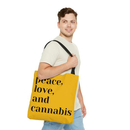 A man looks stylish in the yellow Peace, Love and Cannabis Yellow Tote Bag with black carrying straps