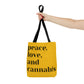 A delightful Peace, Love and Cannabis Yellow Tote Bag is being held by an outstretched hand 
