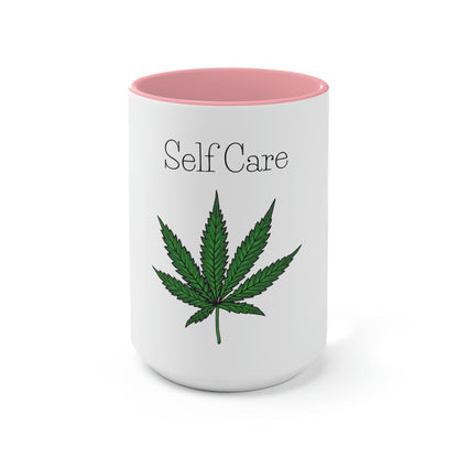 a Self Care Pot Leaf Mug that says self care.