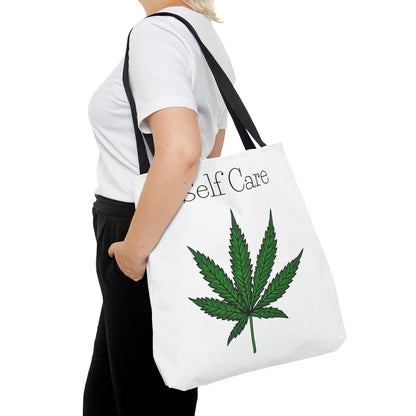 A woman in a white t shirt is carrying the Self Care Cannabis Tote Bag