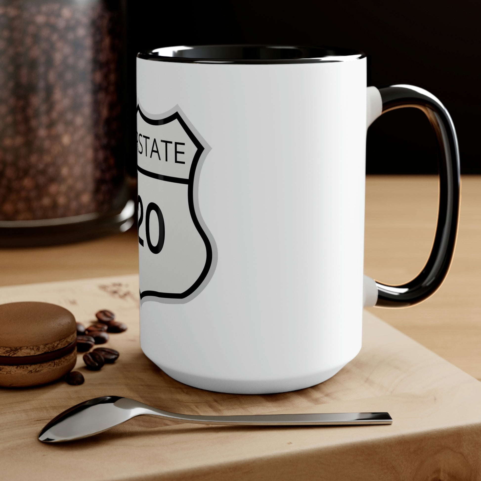 Interstate 420 Two-Tone black and white Coffee Mug on top of a wooden table 