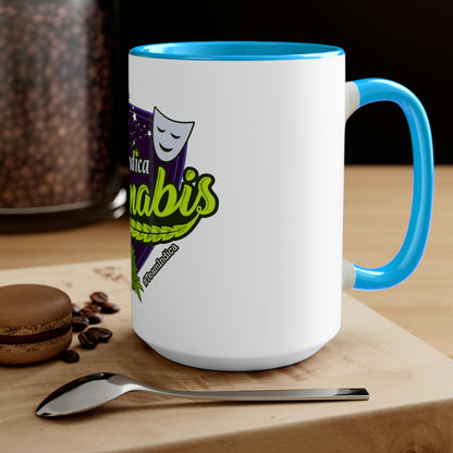 a Team Indica Cannabis Mug with a spoon and coffee beans on it.