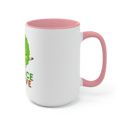 a Cannabis, Peace and Love coffee mug with a green lizard on it.