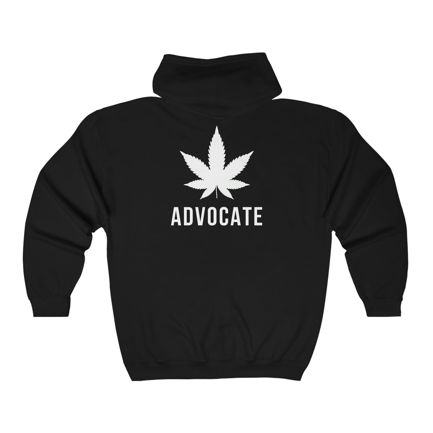 Back of the Cannabis Advocate Weed Zip Up Hoodie with the word advocate on it.