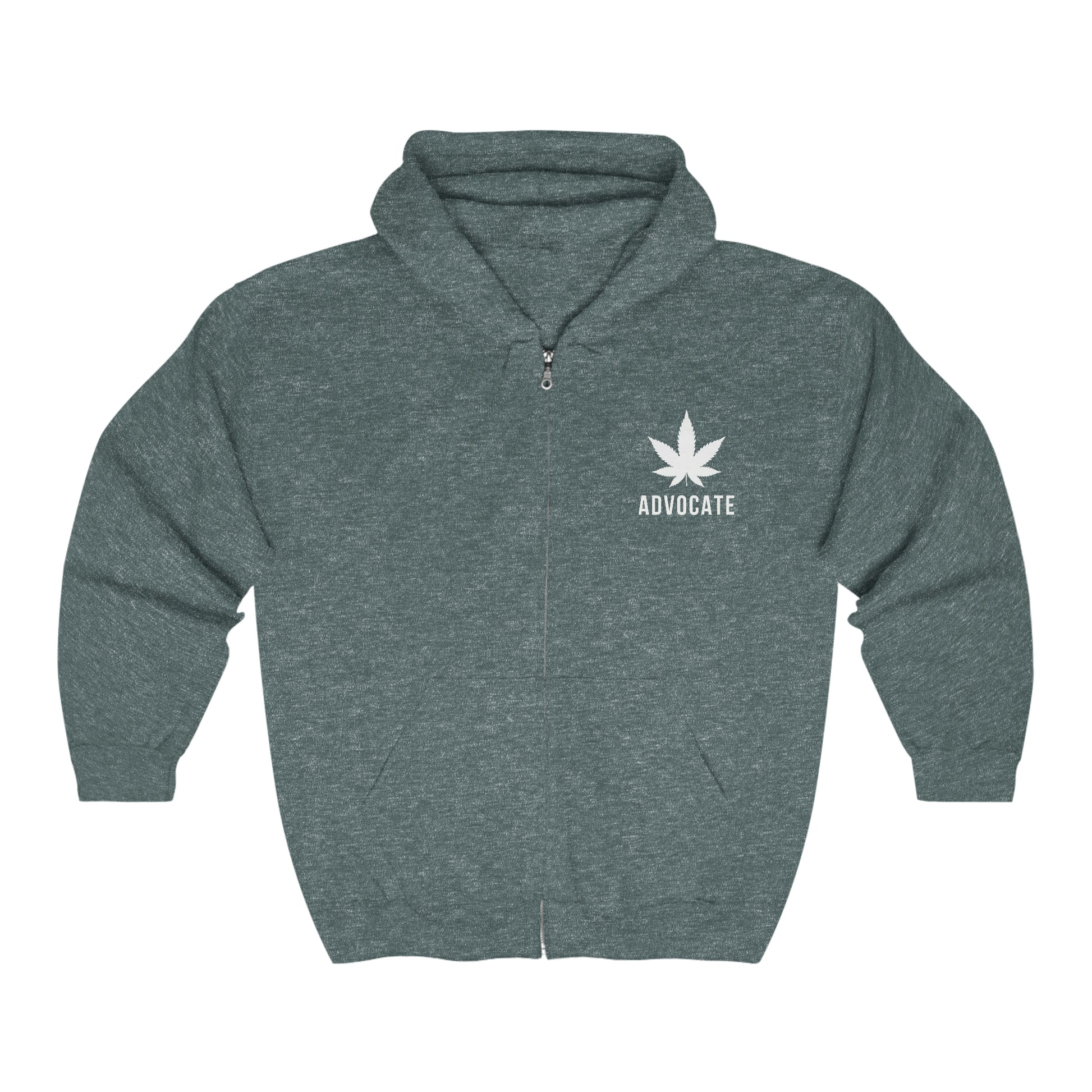 A Cannabis Advocate Weed Zip Up Hoodie with a marijuana leaf on it.