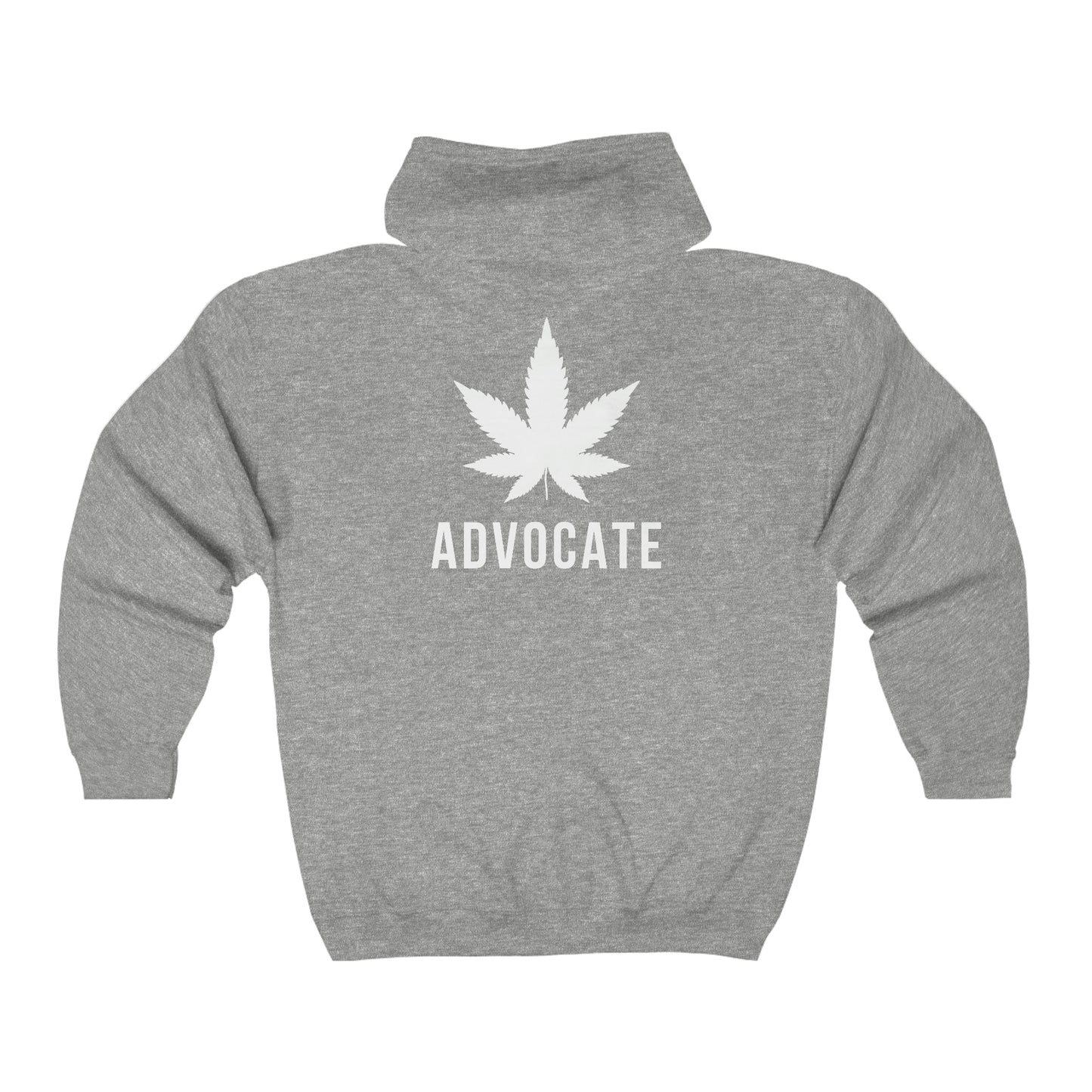 Back of a gray Cannabis Advocate Weed Zip Up Hoodie with a marijuana leaf and the word advocate on it.