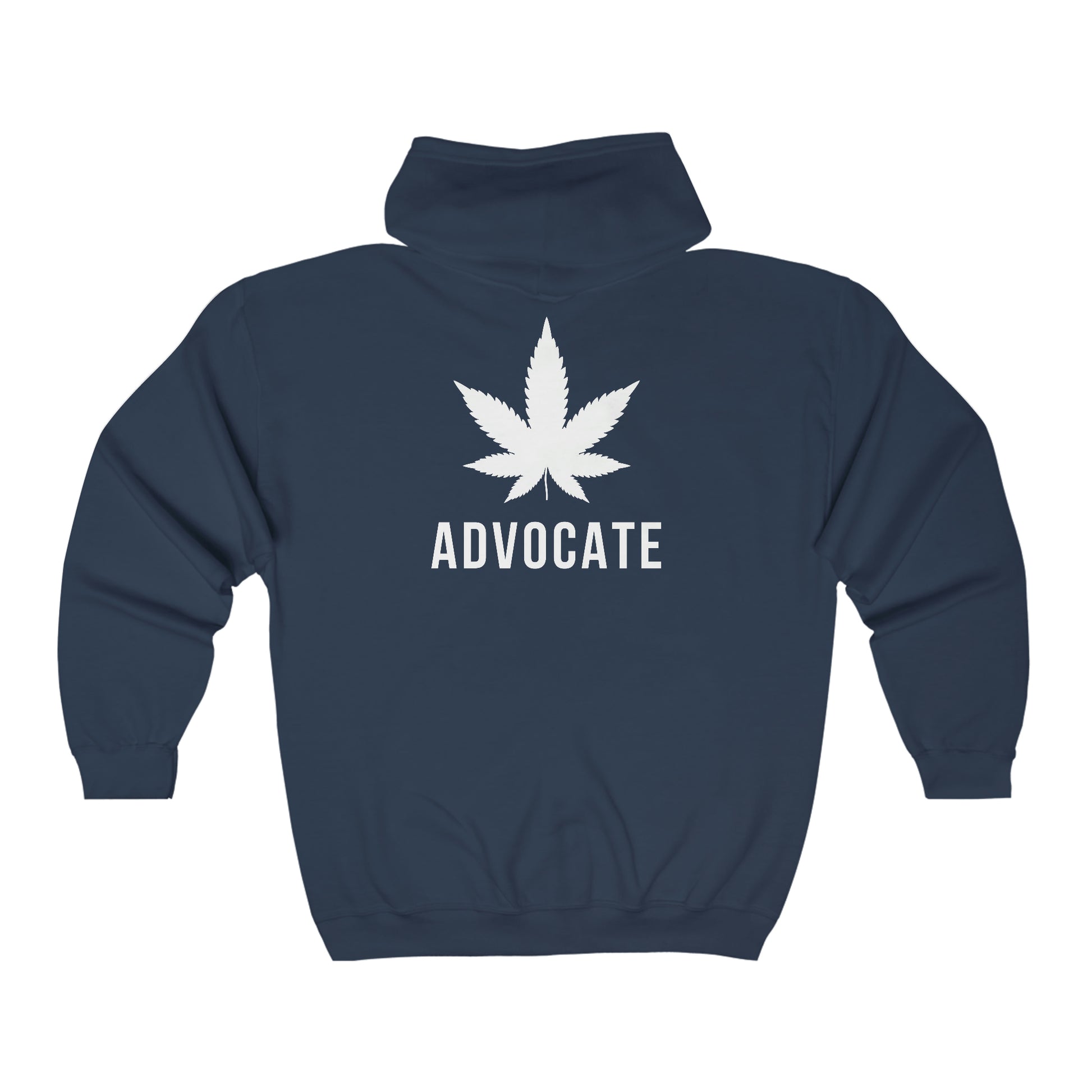 Backside of the Cannabis Advocate Weed Zip Up Hoodie with the word advocate on it.