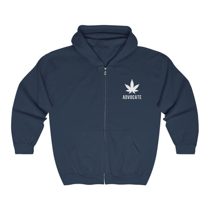 a navy weed zip up hoodie with a Cannabis Advocate sign on the front left chest.