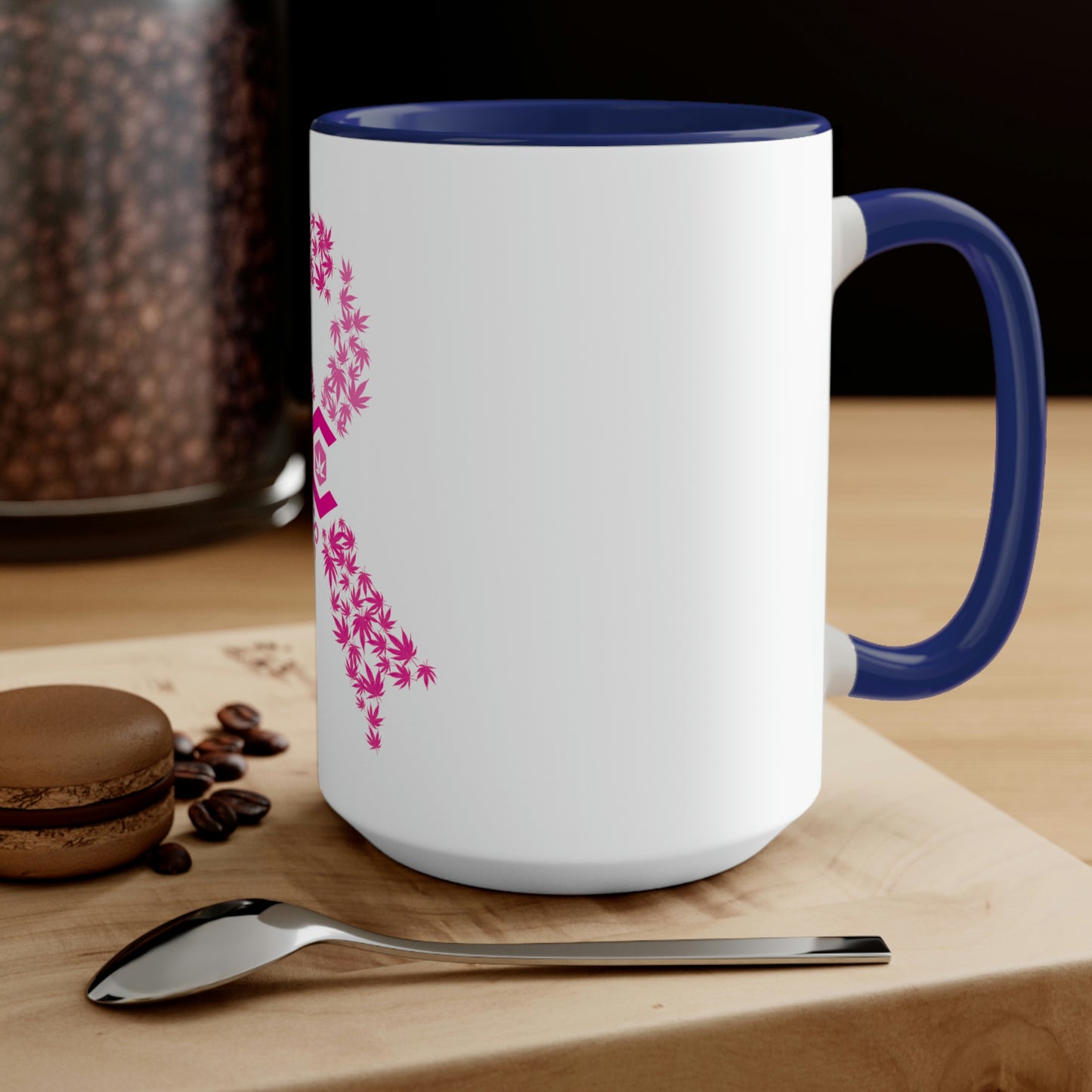 a Breast Cancer Awareness coffee mug with a pink ribbon on it.