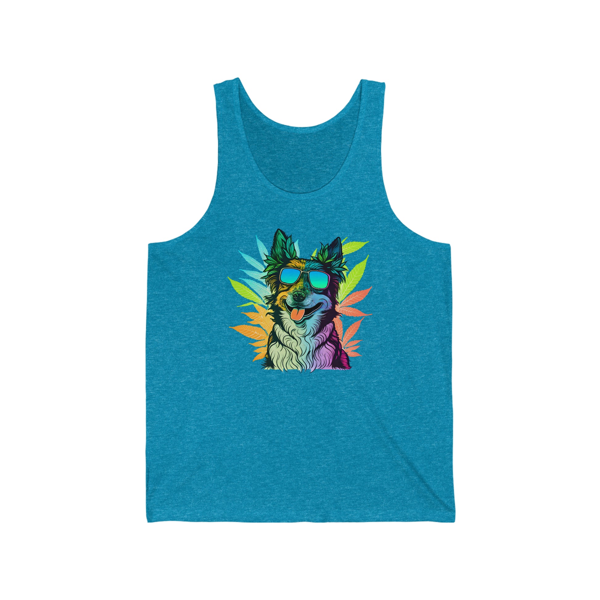 An aqua blue cannabis jersey tank top with a border collie wearing shades and surrounded by cannabis leaves