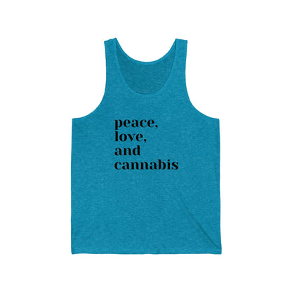 Aqua Blue Peace, Love, and Cannabis Jersey Tank