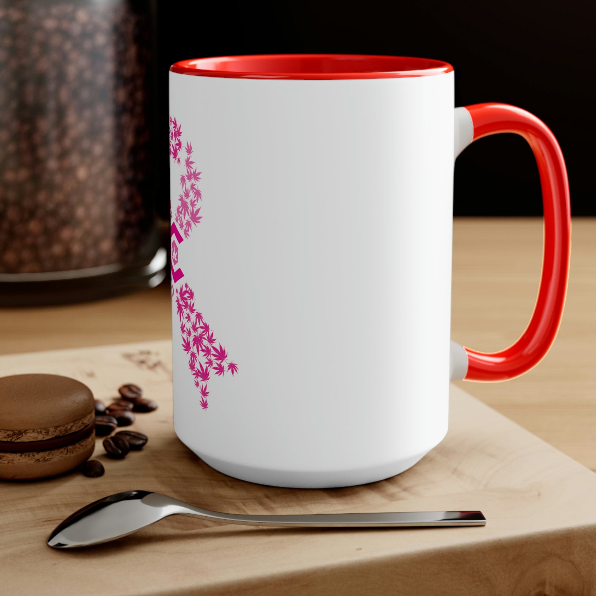 a Breast Cancer Awareness Coffee Mug with a pink ribbon on it.