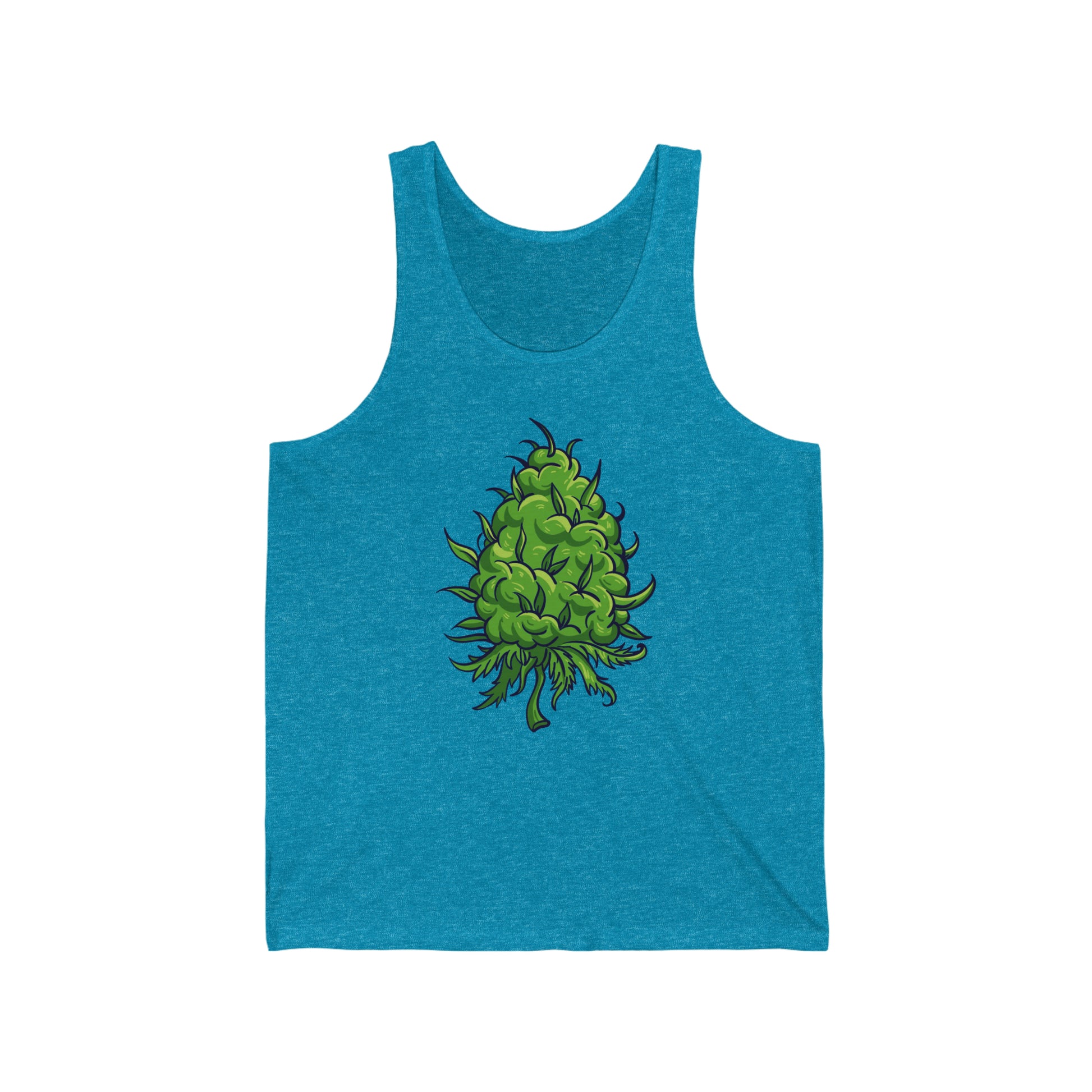 an aqua blue Big Marijuana nug Jersey Tank top with a green weed plant on it.