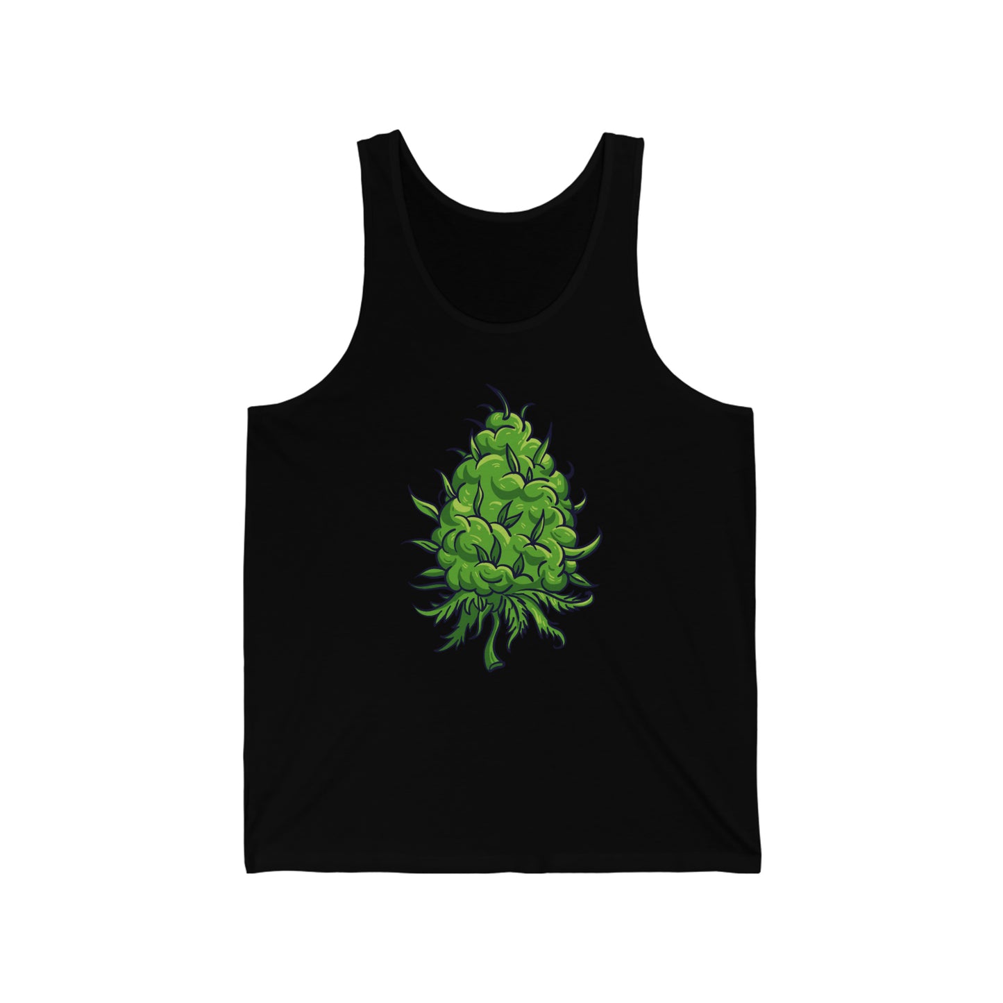 a black Big Marijuana Bud Jersey Tank with a green plant on it.