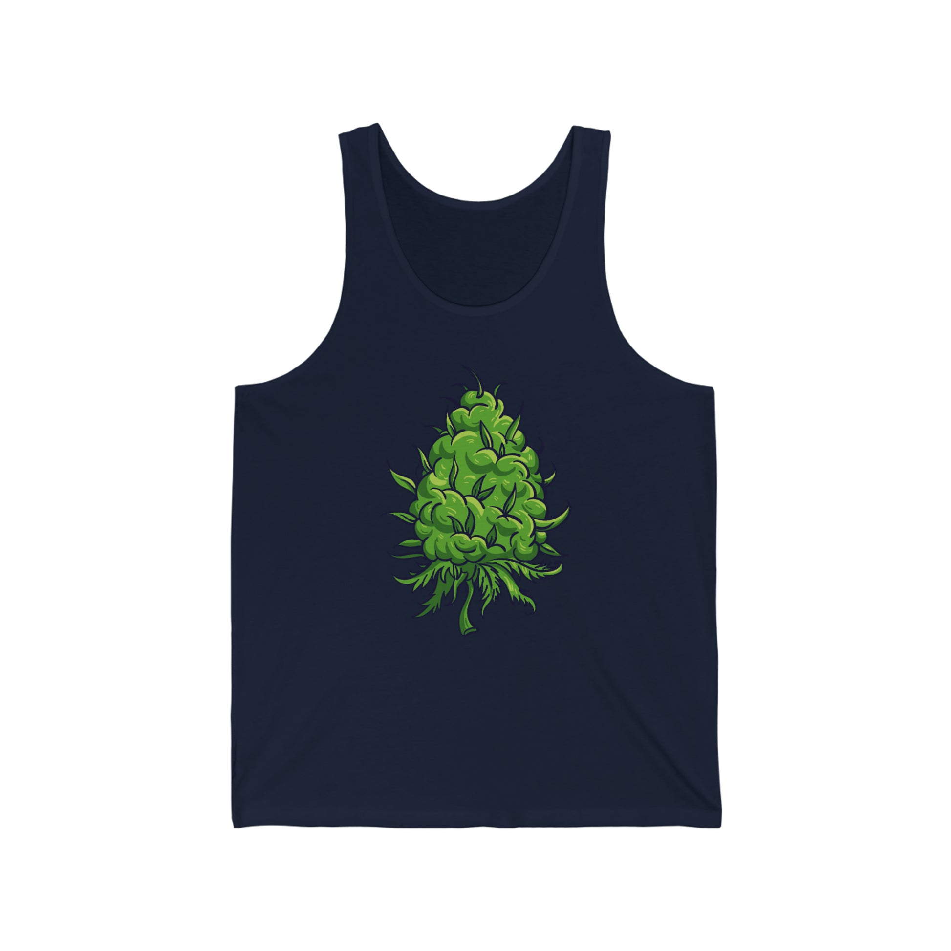 a navy blue Big Marijuana nug Jersey Tank top with a green weed plant on it.