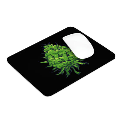 Big Cannabis Nug Mouse Pad featuring a black mouse pad with a green cannabis nug design on the left side, with a non-slip rubber bottom and a wireless white mouse positioned on top.