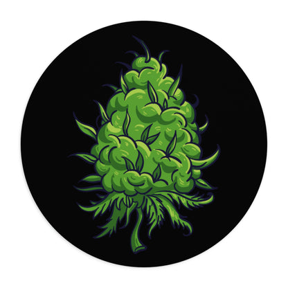 Round sticker with a stylized green cannabis nug design on a black background.
Big Cannabis Nug Mouse Pad