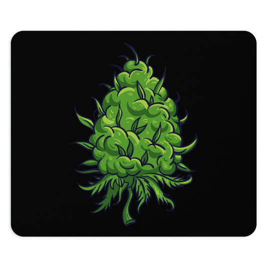 A graphic design of a stylized Big Cannabis Nug Mouse Pad on a black background, featuring vibrant shades and sharp, leafy outlines.