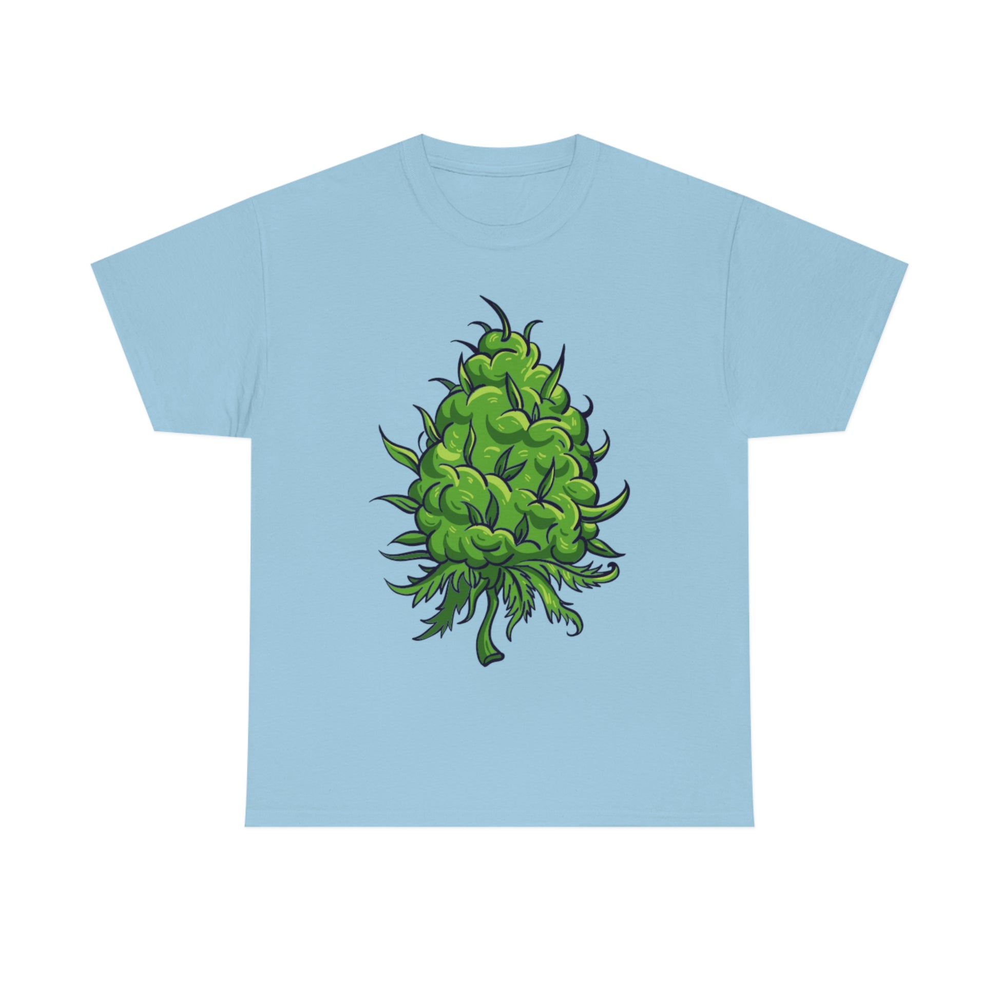 a light blue Big Cannabis Bud Heavy Cotton Tee shirt with a green hop plant on it.