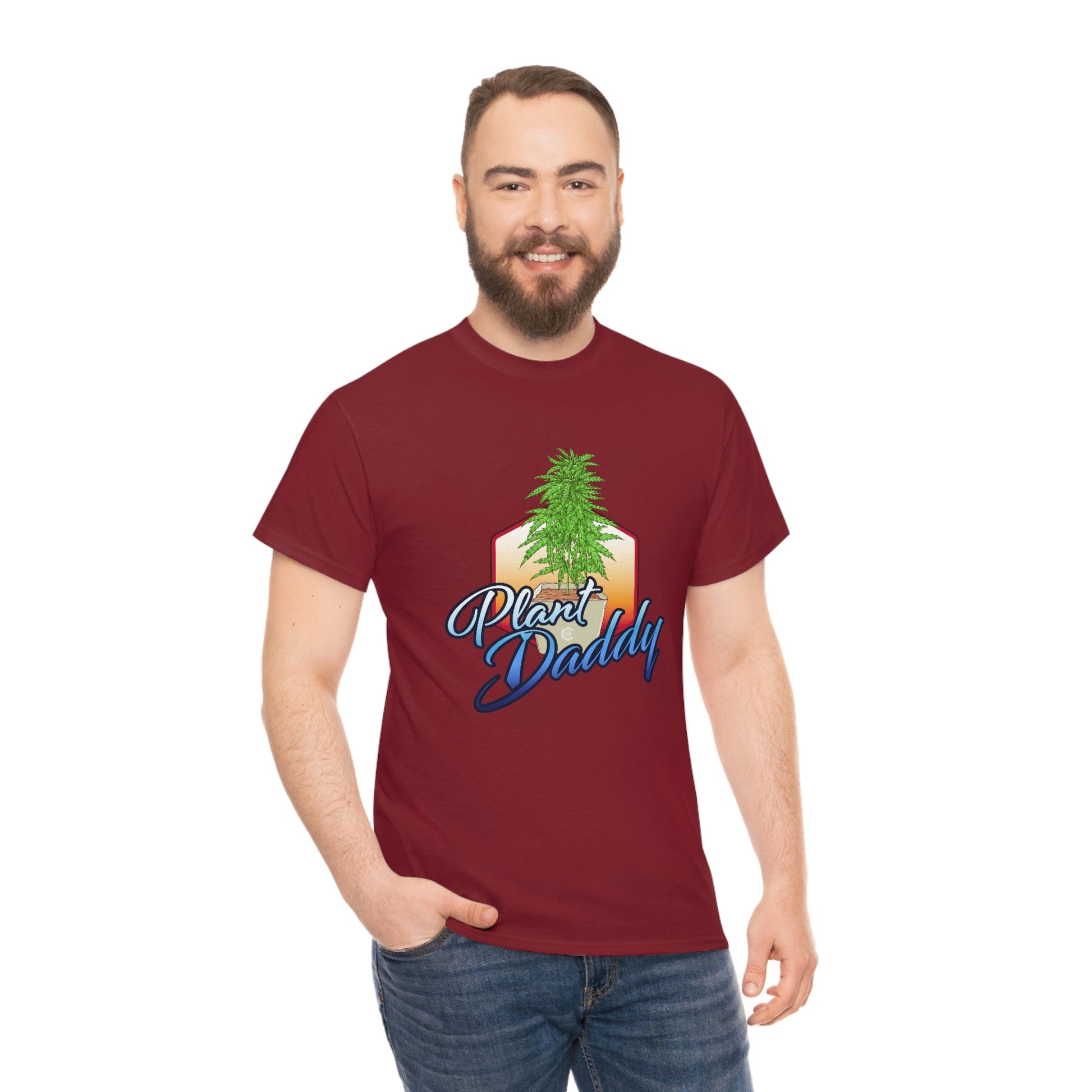 a man wearing a maroon Plant Daddy Cannabis Plant T-Shirt with a tree on it.