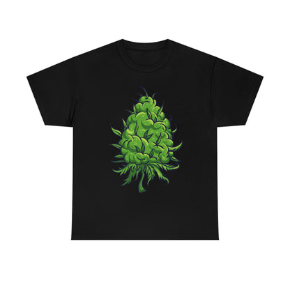 a black Big Cannabis Bud Heavy Cotton Tee with a green plant on it.