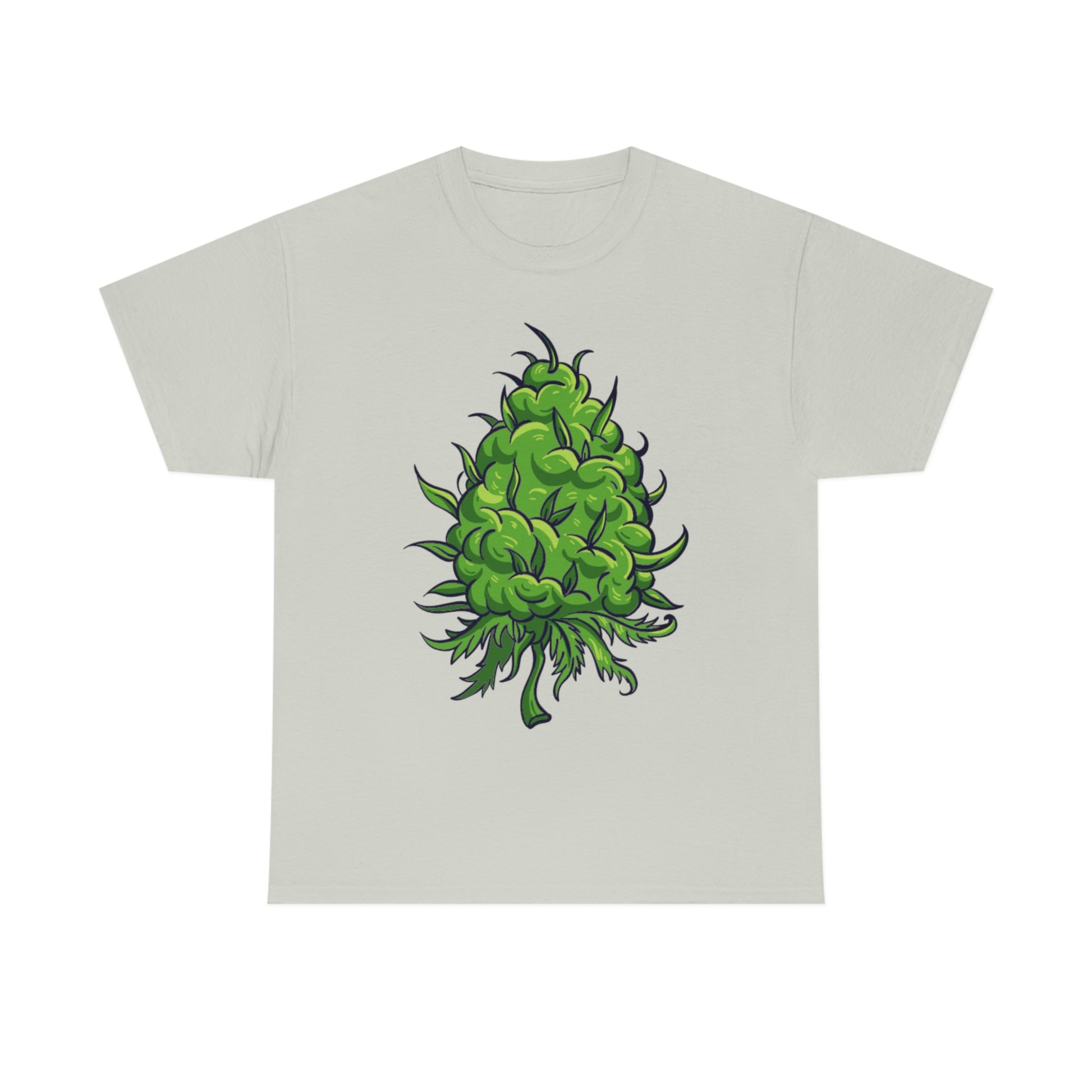 a white Big Cannabis Bud Heavy Cotton Tee with a green hops plant on it.