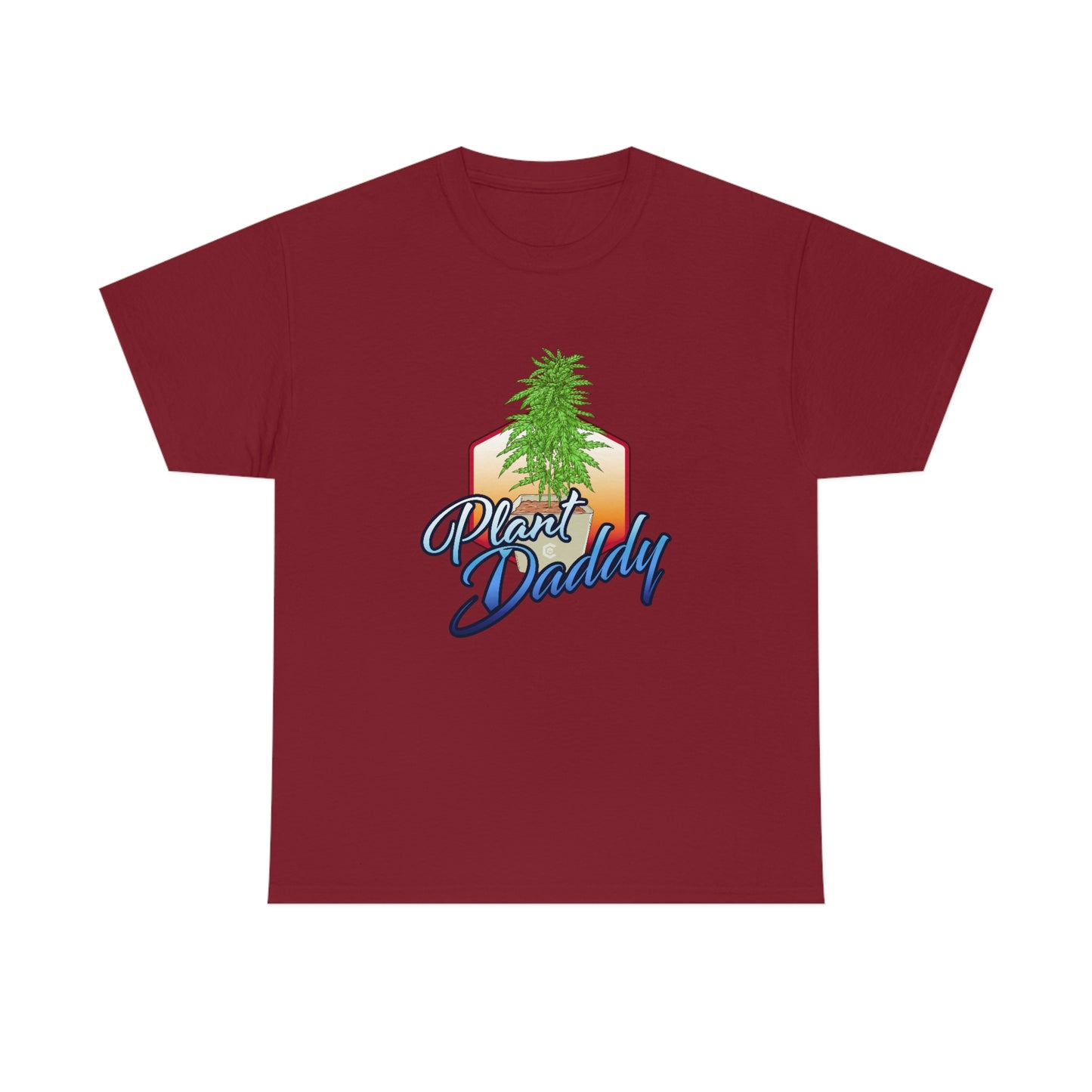 A maroon Plant Daddy Cannabis Plant T-Shirt with the word 'best daddy' on it.