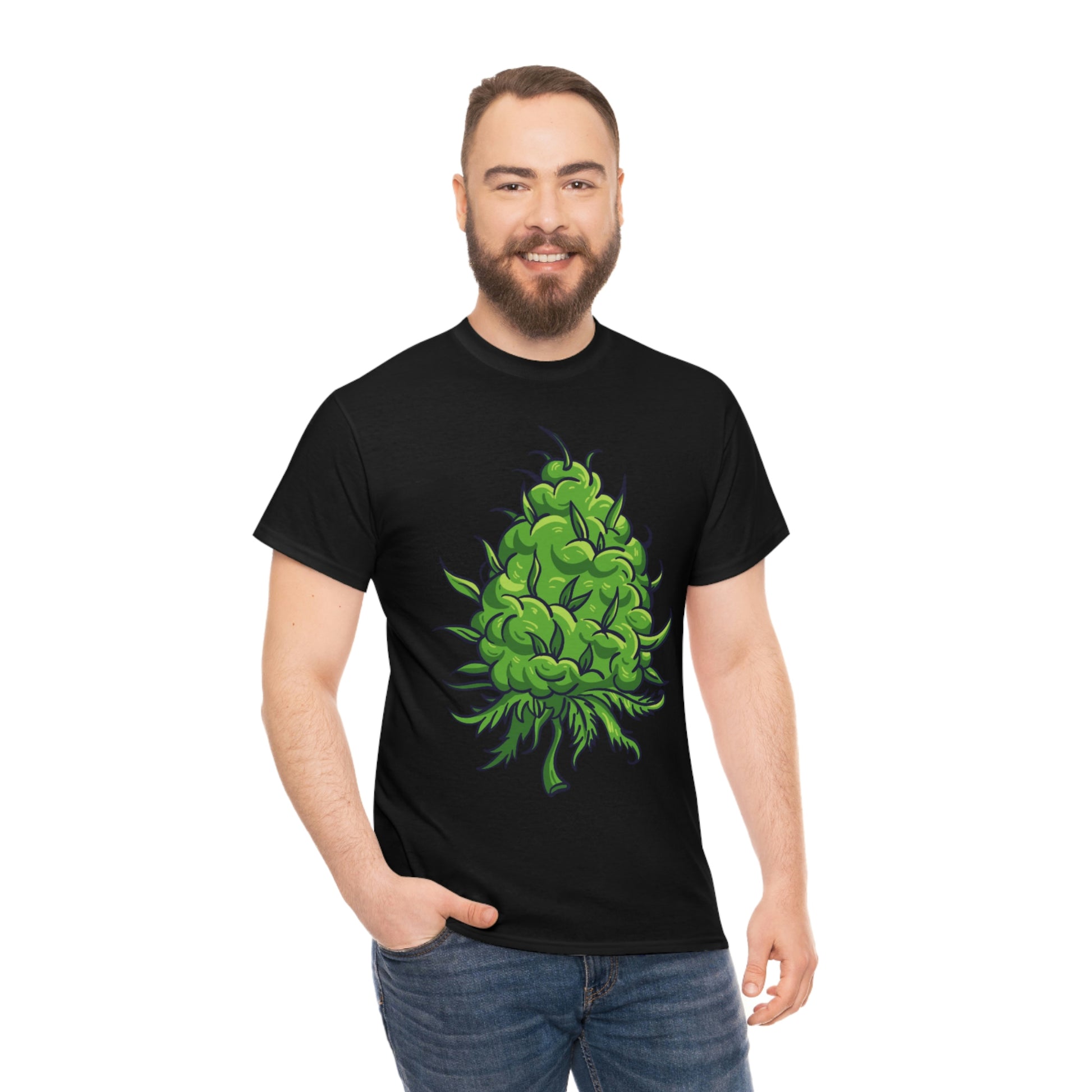 a man wearing a black Big Cannabis Bud Heavy Cotton Tee with a green marijuana plant on it.
