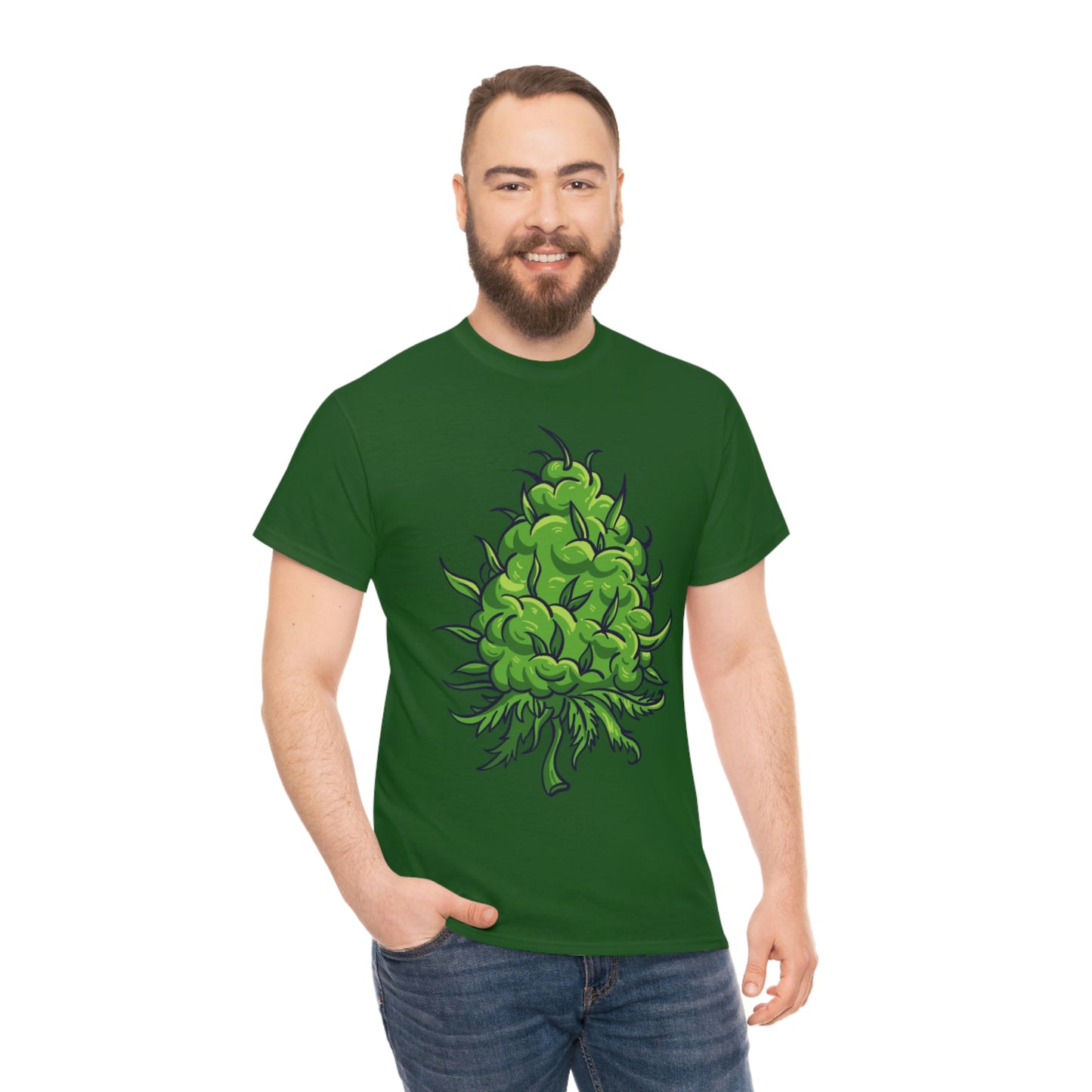 a man wearing a green Big Cannabis Bud Heavy Cotton Tee with an image of a cannabis plant.