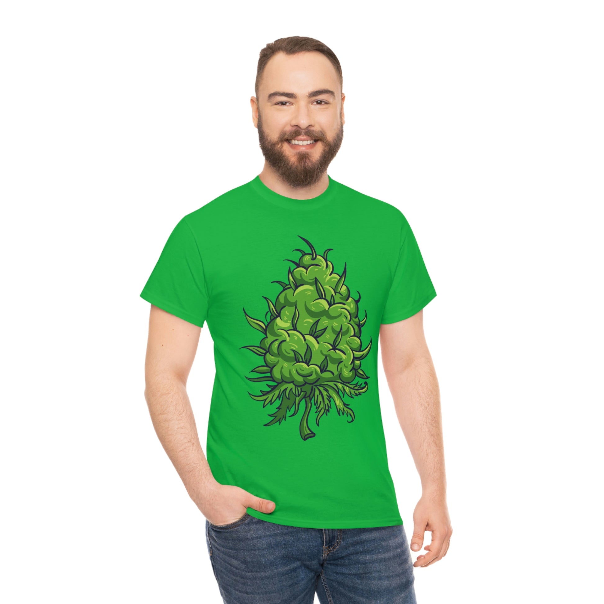 a man wearing a Big Cannabis Bud Heavy Cotton Tee with a marijuana plant on it.