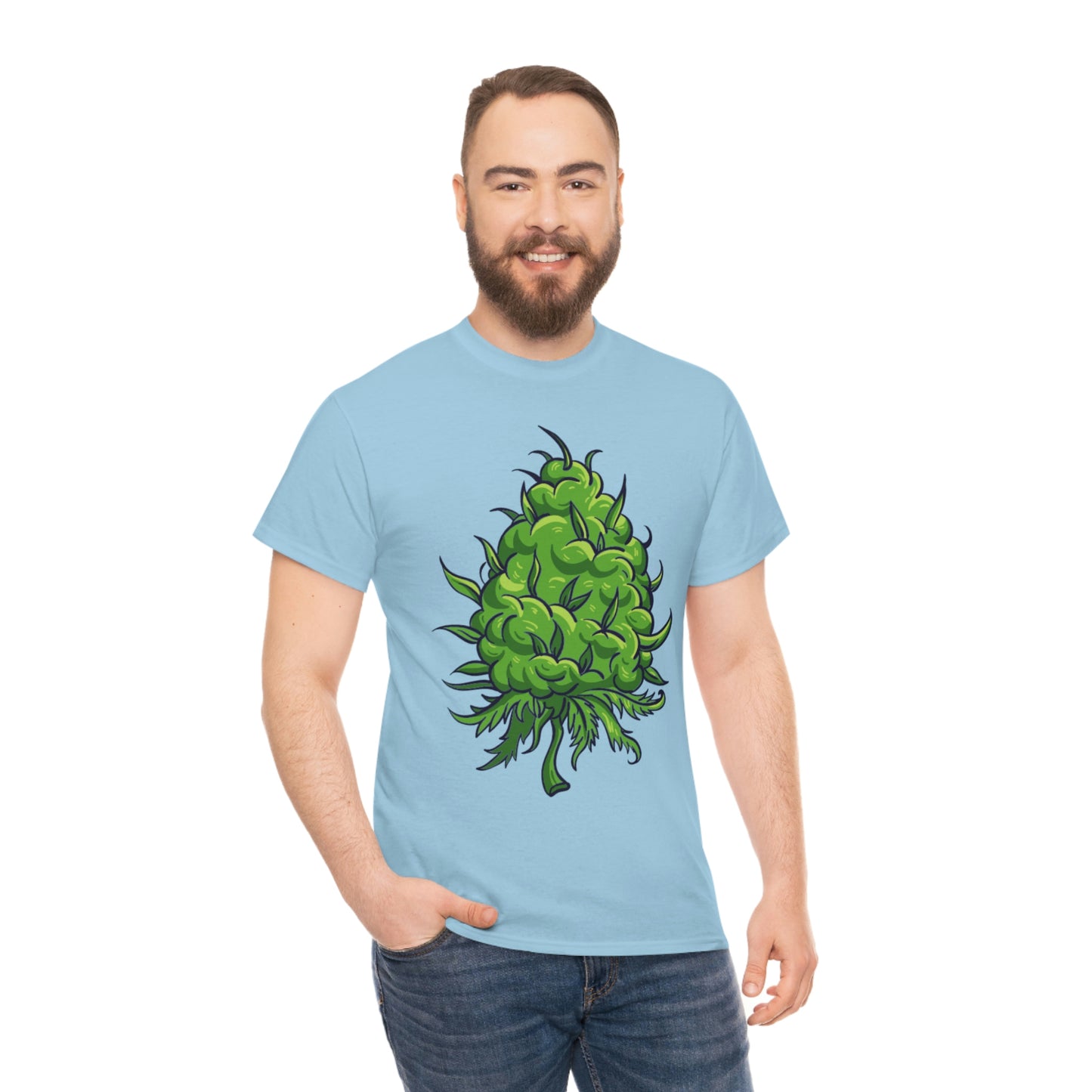 a man wearing a Big Cannabis Bud Heavy Cotton Tee with a green plant on it.