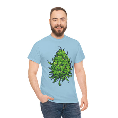 a man wearing a Big Cannabis Bud Heavy Cotton Tee with a green plant on it.