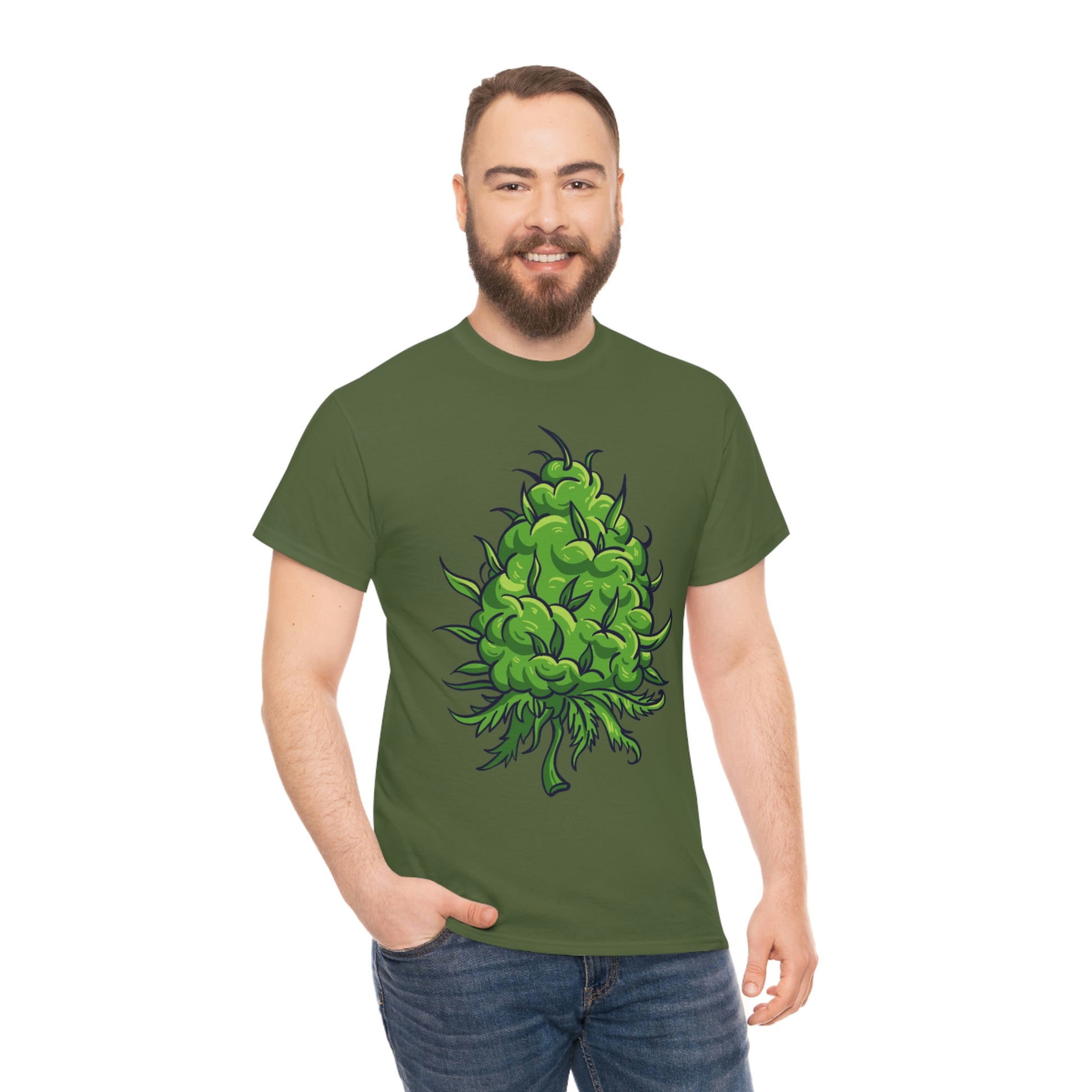a man wearing a Big Cannabis Bud Heavy Cotton Tee with a marijuana leaf on it.