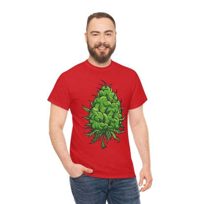 a man wearing a Big Cannabis Bud Heavy Cotton Tee with a green marijuana leaf on it.