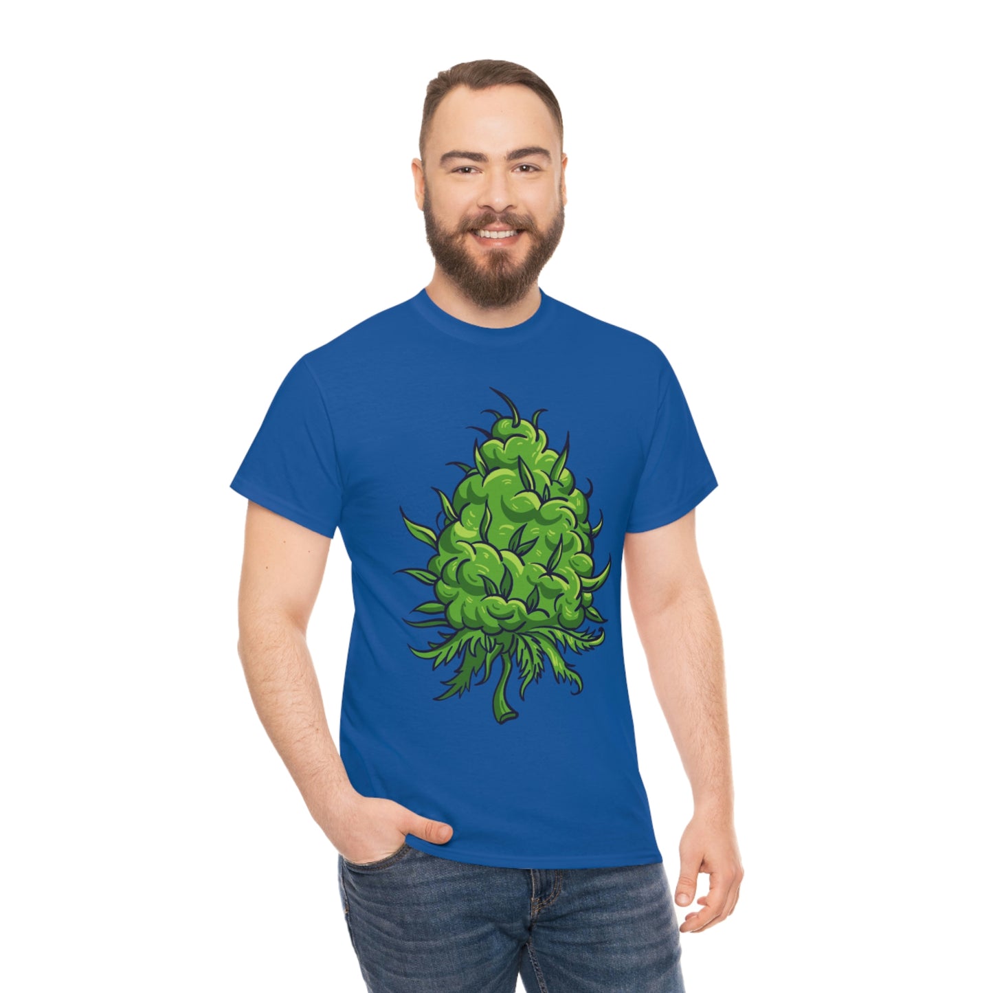 a man wearing a Big Cannabis Bud Heavy Cotton Tee with a green marijuana plant on it.