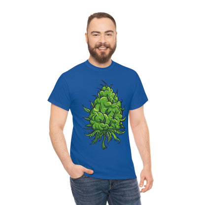 a man wearing a Big Cannabis Bud Heavy Cotton Tee with a green marijuana plant on it.