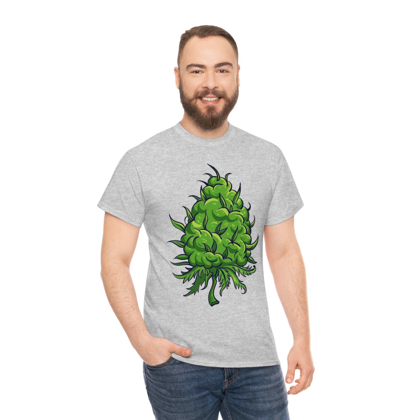 a man wearing a Big Cannabis Bud Heavy Cotton Tee with a green marijuana plant on it.