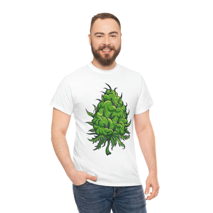 a man wearing a Big Cannabis Bud Heavy Cotton Tee with a green plant on it.