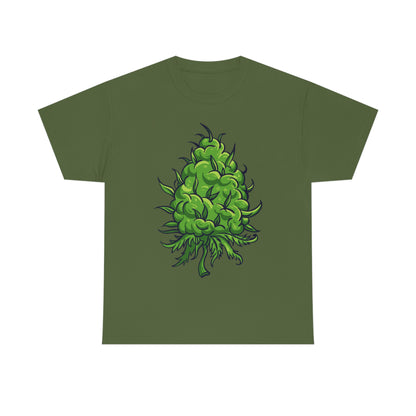 a Big Cannabis Bud Heavy Cotton Tee with a green leaf on it.