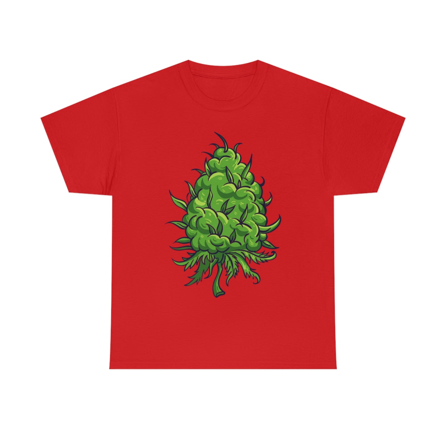 a red Big Cannabis Bud Heavy Cotton Tee with a green marijuana leaf on it.