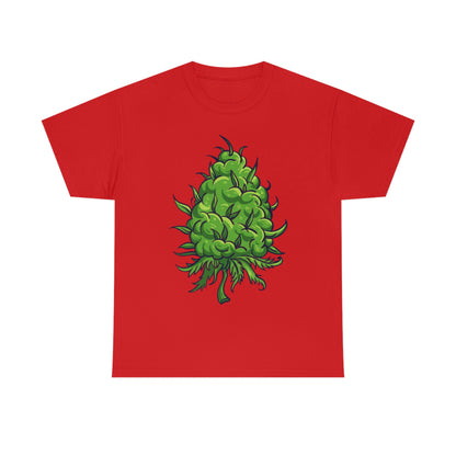 a red Big Cannabis Bud Heavy Cotton Tee with a green marijuana leaf on it.