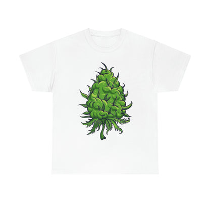 a Big Cannabis Bud Heavy Cotton Tee with a green leaf on it.