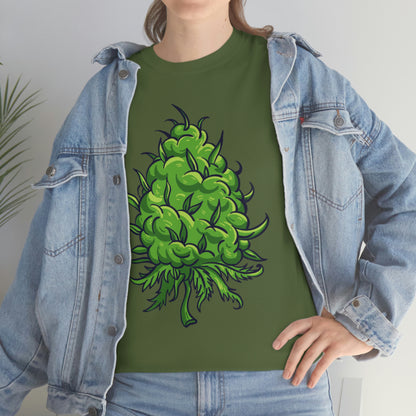 a woman wearing a Big Cannabis Bud Heavy Cotton Tee and jeans.