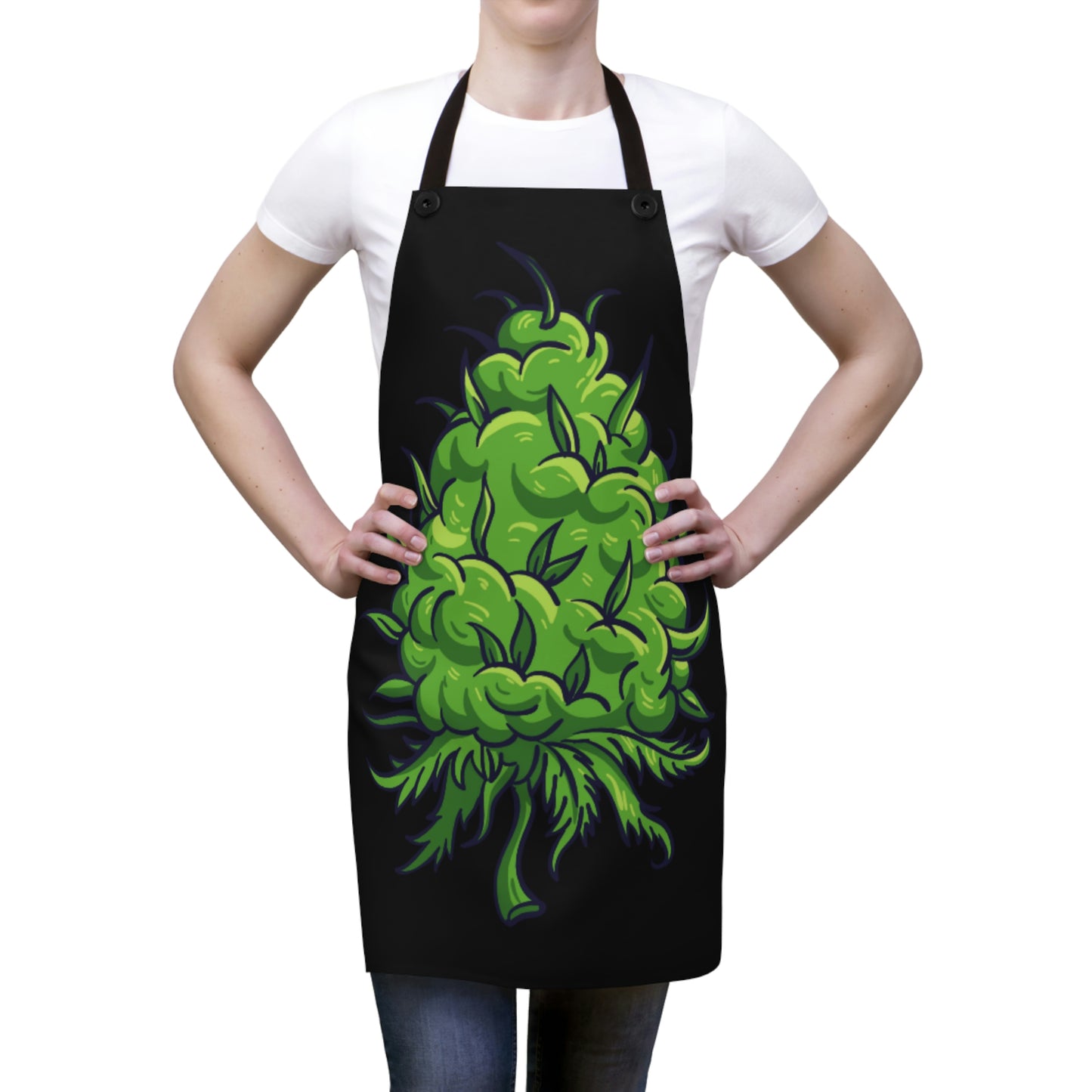 A lady is wearing the black Big Marijuana Bud Chef's Apron with big green bud on front
